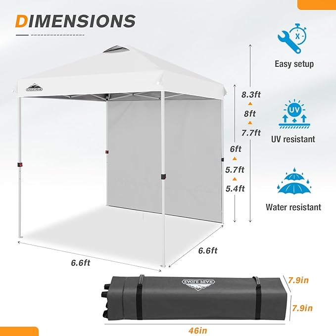 EAGLE PEAK Pop Up Canopy Tent with 1 Sidewall, Easy Setup Event Tent, Outdoor Sun Shade, Wheeled Carry Bag, Stakes and Guy Ropes, Instant Canopy 6.6x6.6, White