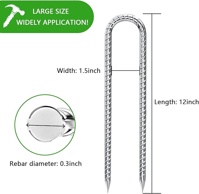 Rebar-Stakes-12-Inch-Galvanized, U Hook Trampoline Stakes 10 Pack Ground Anchors Tent Stakes Heavy Duty for Plants Anti-Rust Landscape Fabric Stakes Artificial Turf