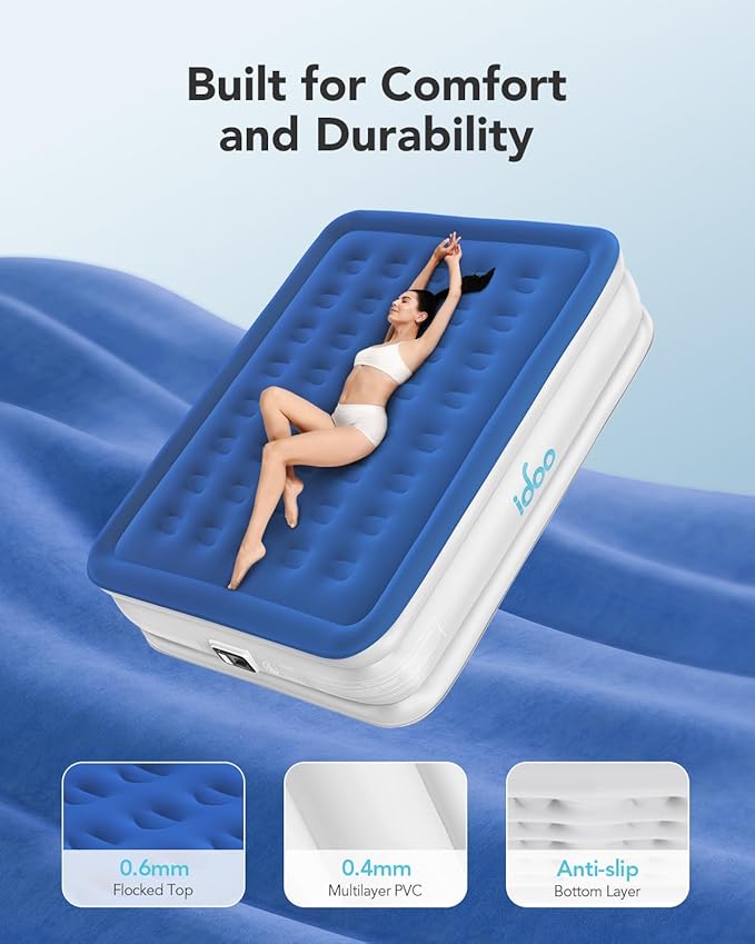 iDOO Air Mattress Queen with Built in Pump, Blow up Mattress, Inflatable Mattress Queen Size for Guests, Home, Camping, 3 Mins Inflation/Deflation, Upgraded Colchones Inflables, Comfort Air Bed