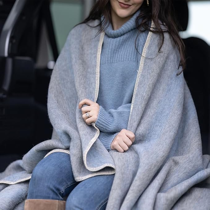 Thick Alpaca Wool Blanket Heavyweight Camping Outdoors Indoors Soft Peru Twin Size Stripes Design (Soft Gray/Soft Blue, Twin Size)