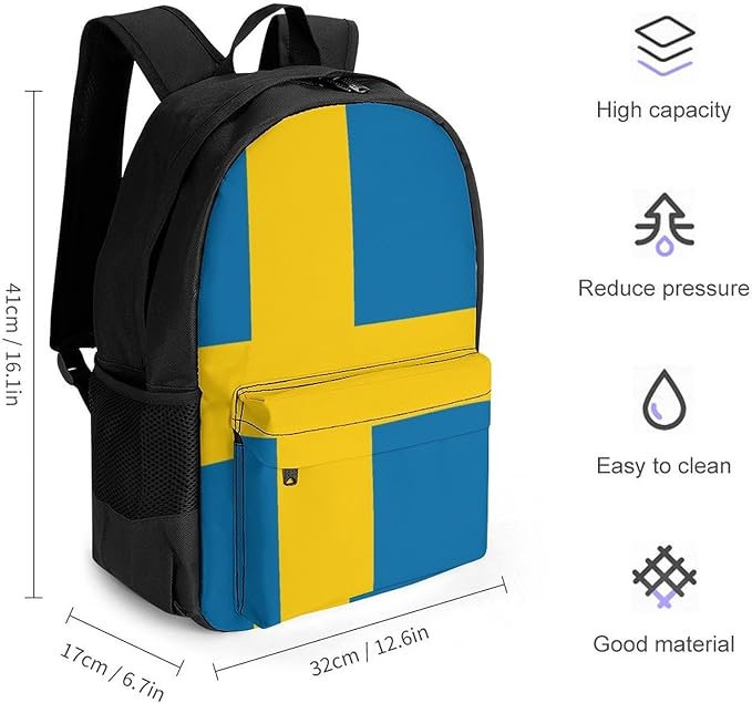 Daypack Bookbag Multipurpose Anti-Theft Big Capacity Carry On Bag, Sweden Flag Travel Hiking Camping Rucksack With Padded Straps