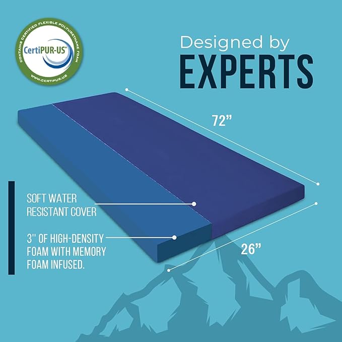 Foamma 3" x 26" x 72" Memory Foam Roll-Up Camping Mattress with Water Resistant Zipper Cover, Foldable and Portable for Camping, RV Bunk, Tent, Guest Bed, Outdoor and Dorm, CertiPUR-US Certified Foam