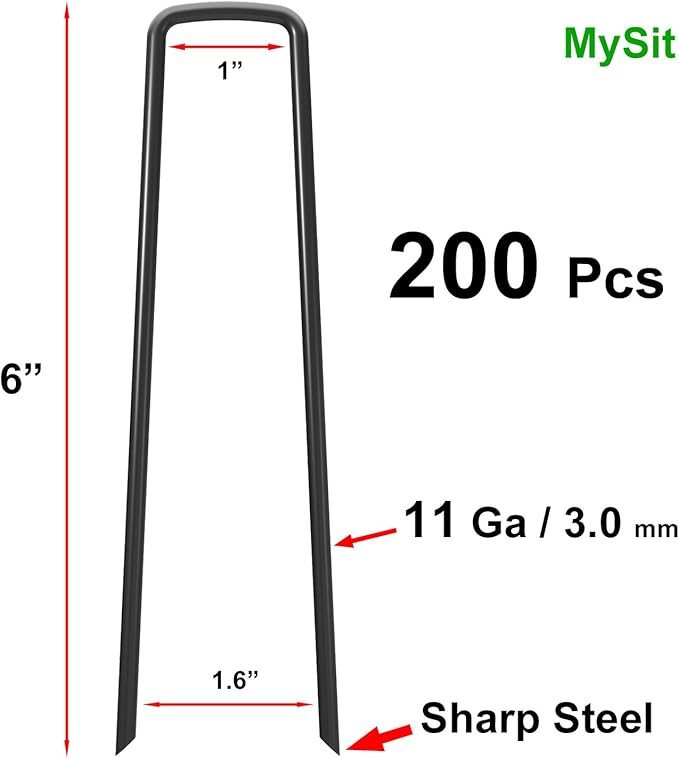 MySit 6" Garden Staples Landscape Stakes Ground Pins 200 Pack, Lawn Staples Weed Fabric Staple, Heavy Duty 11-Gauge(3.0mm) Steel Sod Anchor Securing Pegs for Securing Fabric