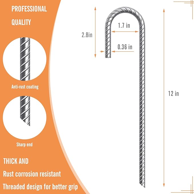 ASDFGHT J Hook Rebar Stakes 12 & 16 Inch (Black or Silver), Heavy Duty Professional Quality Ground Anchors for Chainlink Fence, Sports nets, Camping, Trampolines, Irrigation Pipes and Garden