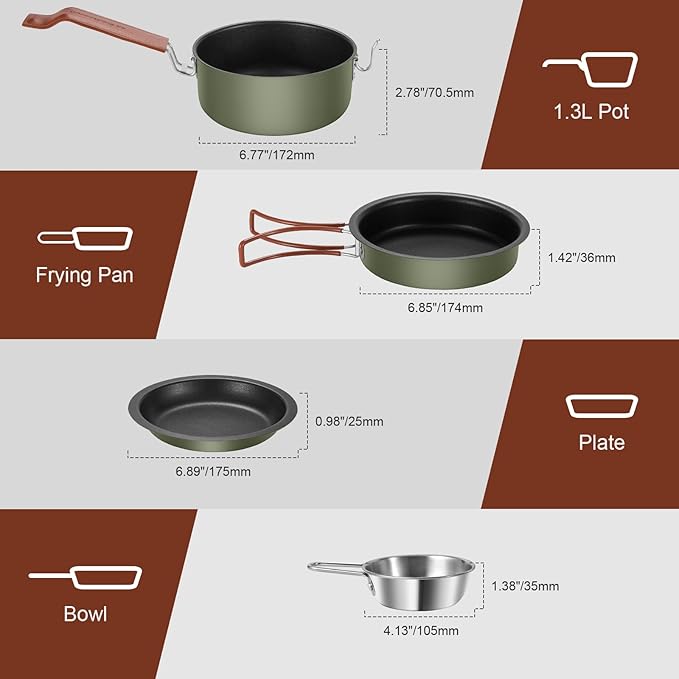 Odoland 10pcs Camping Cookware Non-Stick Camping Pot and Pan Set with Plate Bowl Fork Knife Spoon for Backpacking, Hiking, Outdoor Cooking and Picnic