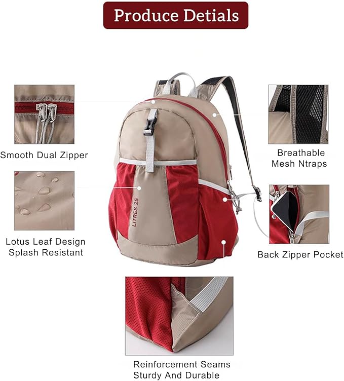 25L Lightweight Foldable Shoulder Backpack Splash Proof Outdoor Sports Daypack Travel Camping Hiking Bag For Men Women (Khaki)
