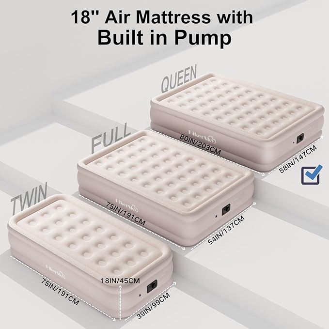 Queen Air Mattress with Built-in Pump, Single Blow up Air Bed with Portable Storage Bag, Suitable for Home and Guests, Top Flocking, 18" Queen Khaki