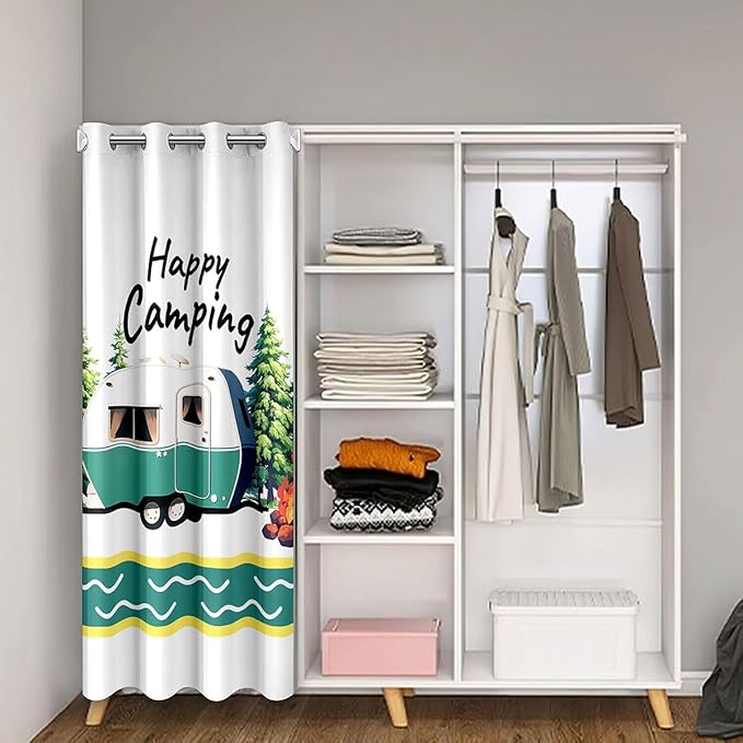 Camping Adventure Door Curtain,Stripe RV Trailer Cartoon Camper Blackout Curtain,Bonfire Campfire Pine Rustic Bedroom Doorway Living Room Decor,Natural Green Privacy Door Drape 1 Panel,52" W X 84" L