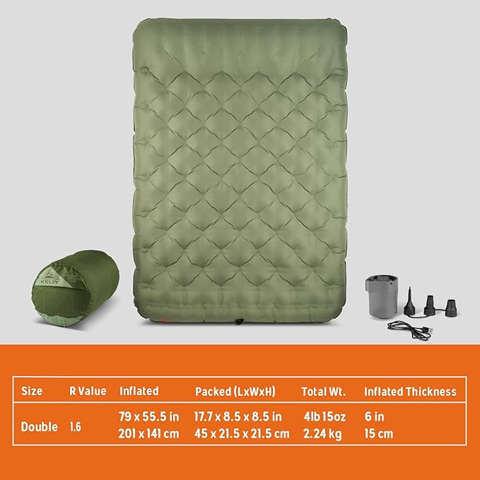 Kelty Kush Queen Air Bed W/Battery-Powered Pump, PVC-Free Queen Air Mattress, Comfy and Plush 6-inch Pad, Carry Bag Included - Indoor/Outdoor Camping Air Bed