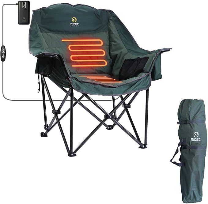 Nice C Heated Camping Chairs with Battery, Outdoor Heated Sports Chair, Oversized XL Padded Camping Chair, Wide&Thick, Heavy Duty 400lb, Carry Bag, Cup Holder & Cooler (One Green)