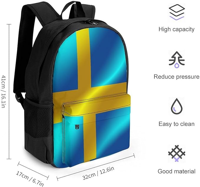 Men Women Lightweight Flag Of Sweden Casual Daypack Large Capacity Bookbag With Adjustable Shoulder Straps for Gym Business Bicycle