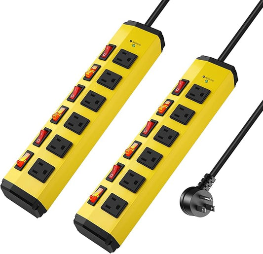 ANNQUAN 2PCS 6 Outlet Metal Power Strip with 6 Individual Switches,Heavy Duty Power Strip 1200J 15A 6FT Cord Home Office Industrial Commercial Shop