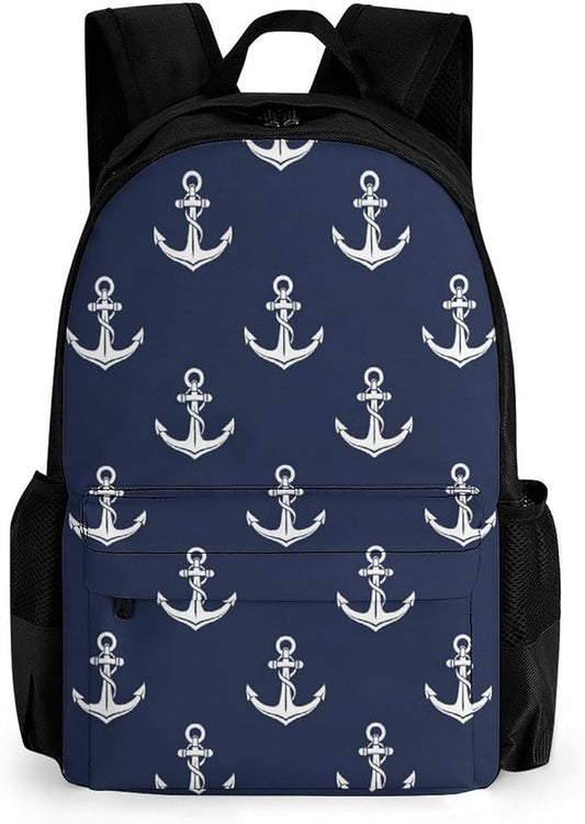 Backpack Anti-Theft Multipurpose Large Capacity Carry On Bag, Nautical Anchor Navy Camping Outdoor Backpack With Side Pockets