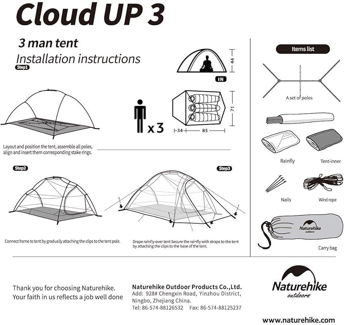 Naturehike Cloud-Up 3 Person Lightweight Backpacking Tent with Footprint - 3 Season Free Standing Dome Camping Hiking Waterproof Backpack Tents