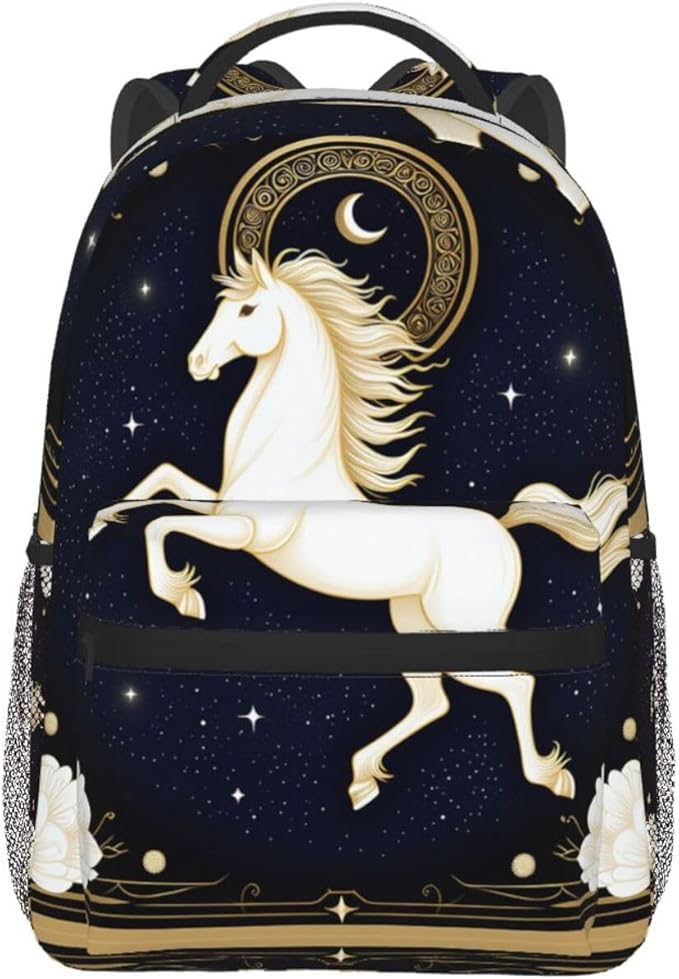 Daypack Polyester Anti-Theft Multipurpose Running White Horse Starry Sky Flowers Elegant Art Bookbag Big Capacity Gym Outdoor Hiking Backpack With Adjustable Shoulder Straps