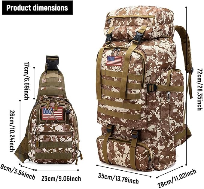 JUMAHE 80L 2-Pack Hiking Backpack for Men with Sling Tactical Backpack - Rucksack Molle Military Tactical Waterproof Lightweight Camping Backpack 3 Day Assault Pack for Travel, Climbing, Backpacking