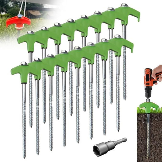 8" Screw in Tent Stakes - Ground Anchors Screw in, 2024 Upgraded Drillable Tent Stakes, Heavy Duty Metal Stake Ground Anchor Peg Threaded Tent Spikes with 1 Hex Head Driver