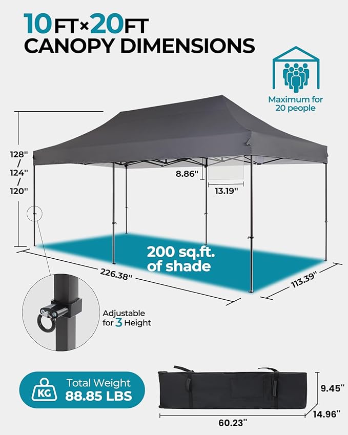 10x20 Canopy Tent with Roller Bag, Easy Up Pop Up Tent, 300D Silver-Coating Outdoor Shelter, 4 Stakes & 4Sandbags & 4 Ropes, Grey