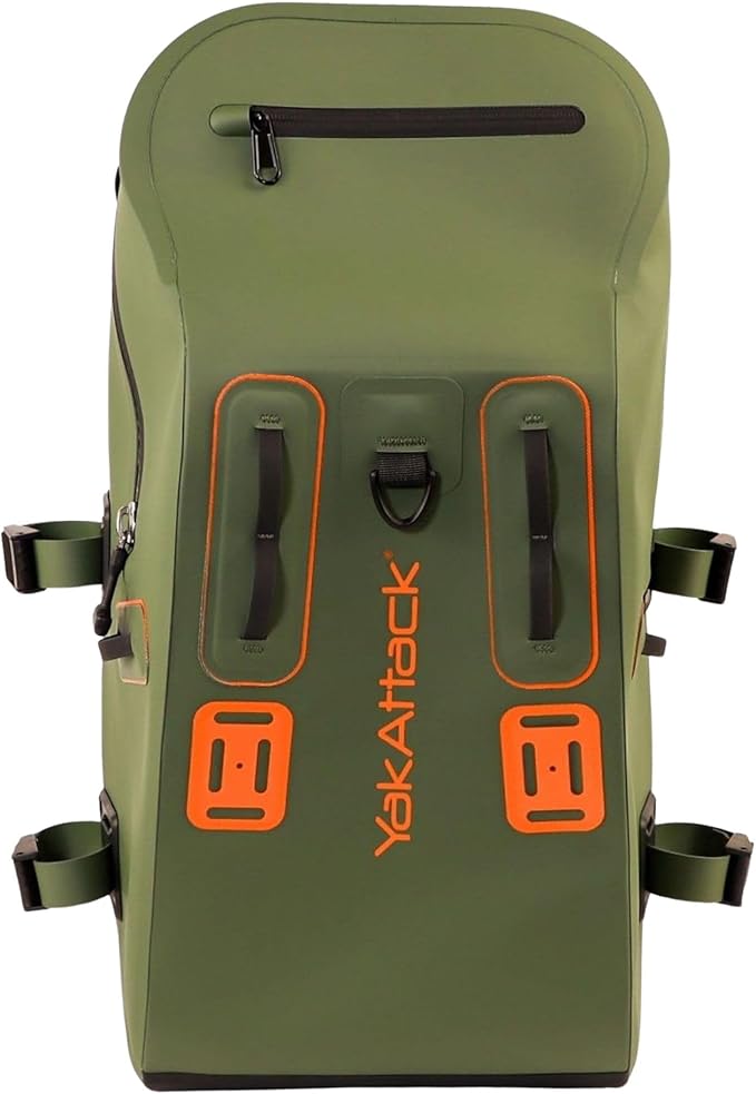 YakAttack 28L DryPak Waterproof Backpack - Green/Orange | Floating Marine Dry Bag Pack with Padded Straps for Kayaking, Fishing & Hiking | 10" x 22" x 12" | Lightweight Outdoor Gear & Storage Drybag