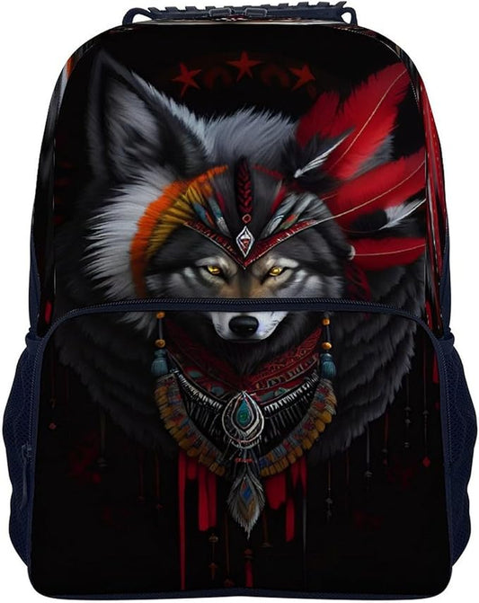 Daypack Lightweight Multipurpose Anti-Theft Indian Tribal Feather Demon Wolf Art Shoulder Bag Large Capacity Laptop Book Bag Rucksack With Adjustable Shoulder Straps