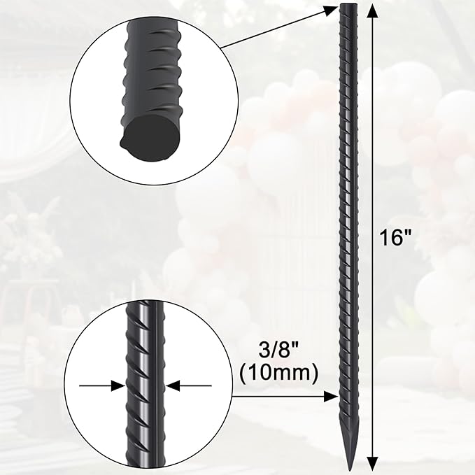 Straight Rebar Stakes 16 Inch 34 Pack Garden Spikes with Chisel Point End Metal Stakes for Ground Heavy Duty 3/8 Inch Thickness Tree Stake Kit for Concrete, Landscape Timber (Black)
