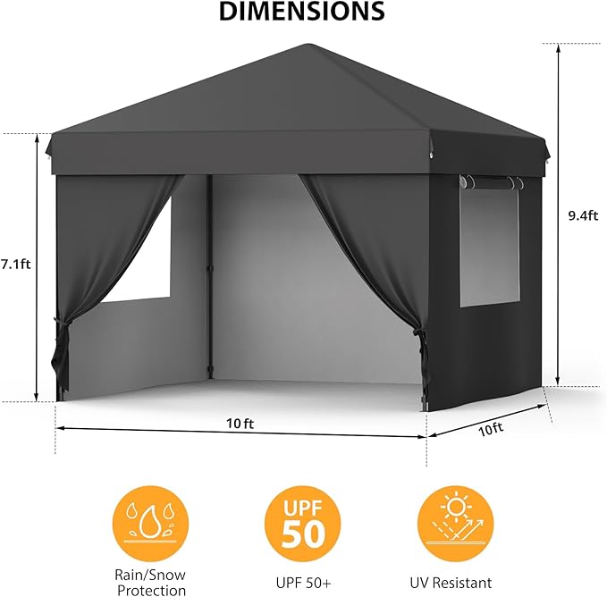 10X10 Pop Up Canopy Tent with 4 Sidewalls, Heavy Duty Commercial Instant Shelter, One-Person Quick Setup Outdoor Party Tent, Water-Resistant & Portable for Outdoor Events, Camping, Black