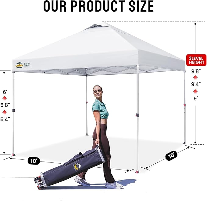 CROWN SHADES 10x10 Pop Up Canopy - Beach Tent with One Push Setup - Easy Outdoor Sun Shade for Events, Parties, Camping - Gazebo with STO-N-Go Cover Bag, Silver Coated Top, Grid White