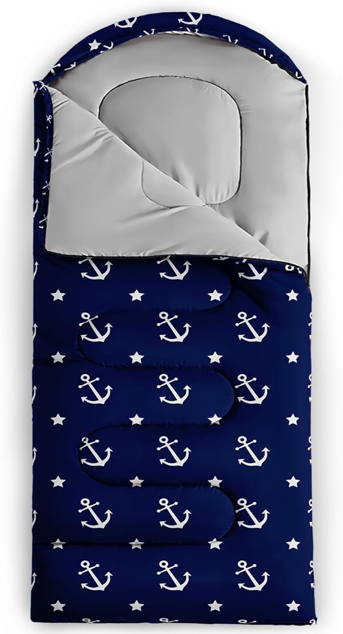 AILONEN Boys Sleeping Bag for Camping,Nautical Anchor,Lightweight & Waterproof,3 Season Warm & Cool Weather,Navy Blue Sleeping Bags for Kids Men Travelling,Outdoors