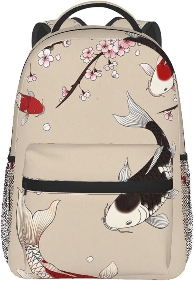 Men Women Lightweight Fish Carps Animals Wildlife Daypack Bookbag Big Capacity Carry On Bag With Side Pockets for Camping Travel Bicycle