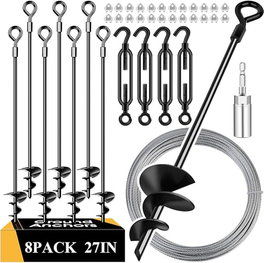 27in 8 Pack Ground Anchors with 3/16" Galvanized Cable Shed Anchor Kit, Trampoline Stakes Anchors High Wind – Ideal for Canopies, Sheds, Car Ports, Swing Sets Gazebo Greenhouse (27 in of 8 Pcs)