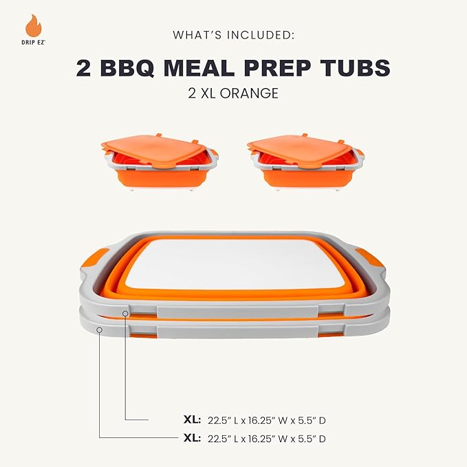 Drip EZ Collapsible BBQ Prep Tubs 2-Piece Set- For Meal Prep Marinating Food Storage - Includes Cutting Board & Lid - (2) XL - Orange