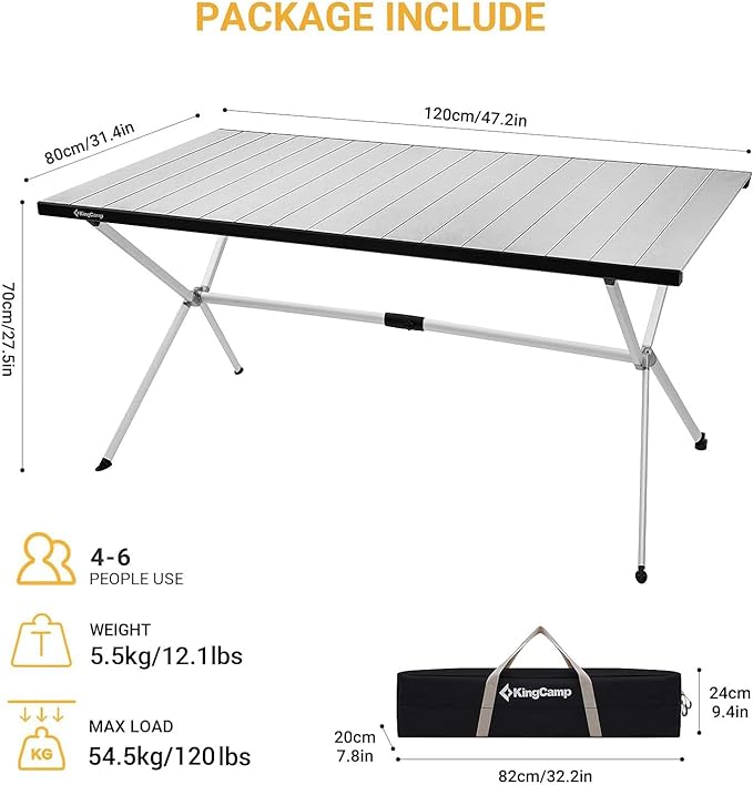 KingCamp Camping Table Roll up Aluminum Folding Table Lightweight Large Portable Foldable Camp Table for Picnic Camping Barbecue Backyard Beach Tailgate Indoor Outdoor, 4-6 Person, Support 120lbs