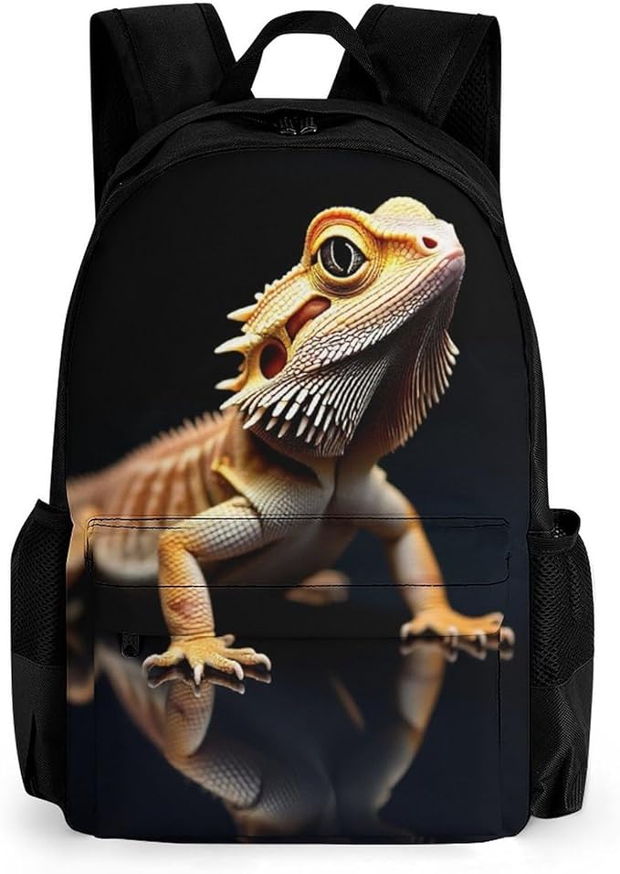 Men Women Polyester Cool Bearded Dragon Lizards Animal Black Daypack Backpack Large Capacity Carry On Bag With Smooth Zippers for Hiking Picnic Walking Cycling