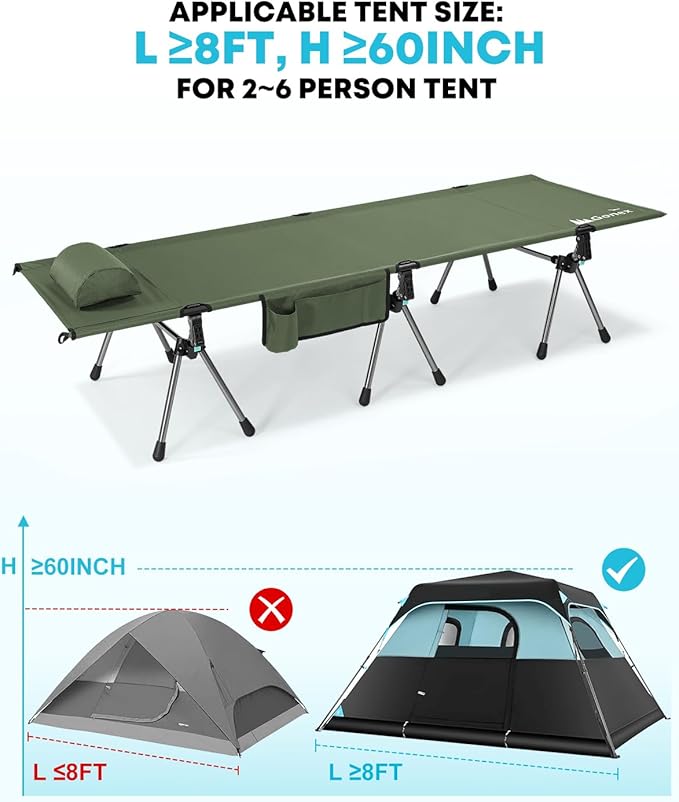 Gonex Camping Cot with Leg Extenders 2 in 1 Portable Ultralight Folding Cot for Adults Adjustable Height Supports 350lbs Sleeping Bed for Backpacking Travel Beach Home 74.8"x27.5"(Army Green, 1 PCS)