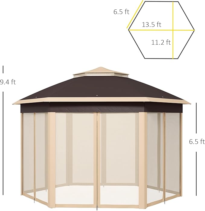 Outsunny 13' x 13' Pop Up Gazebo, Hexagonal Canopy Shelter with 6 Zippered Mesh Netting, Event Tent with Strong Steel Frame for Patio Backyard Garden Wedding Party, Beige