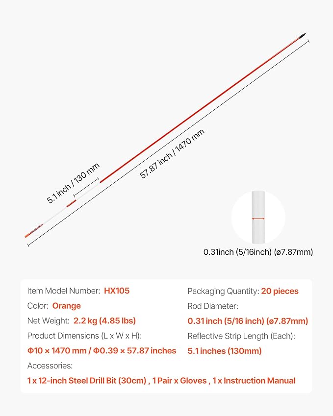 VEVOR Driveway Markers, 20Pcs 58 in Long 5/16 in Dia, Hi-Visibility Driveway Reflectors with 12 in Steel Drill Bits, Reflective Snow Sticks Fiberglass Pole for Parking Lots, Walkways, Snow Plowing