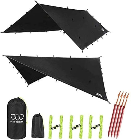 Gold Armour Rainfly Tarp Hammock, Premium 14.7ft/12ft/10ft/8ft Rain Fly Cover, Waterproof Ultralight Camping Shelter Canopy, Survival Equipment Gear Camping Tent Accessories (Black 10ft x 10ft)