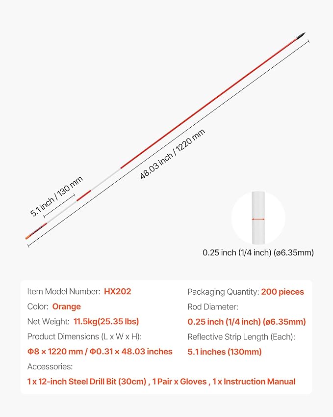 VEVOR Driveway Markers, 20Pcs 48 in Long 1/4 in Dia, Hi-Visibility Driveway Reflectors with 12 in Steel Drill Bits, Reflective Snow Sticks Fiberglass Pole for Parking Lots, Walkways, Snow Plowing