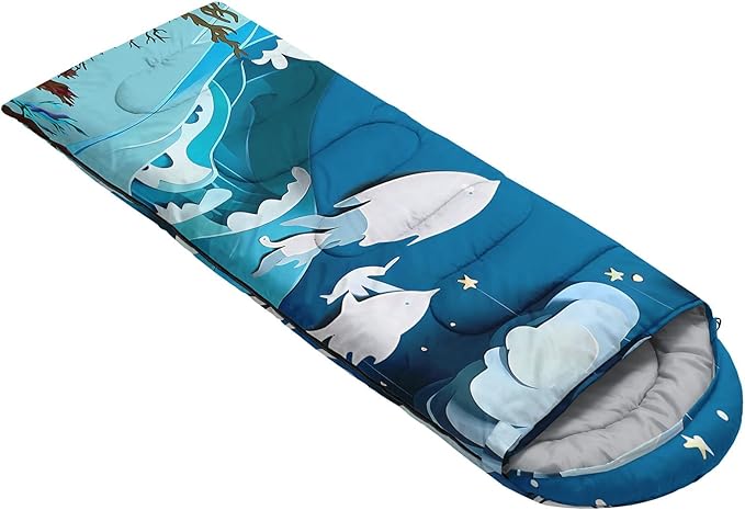 Kids Sleeping Bag for Boys Girls,Cartoon Blue Unicorn Print-Lightweight Warm Portable Outdoor Indoor-Waterproof Cold Weather Resistant Sleeping Bag for Camping Hiking