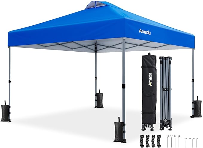 Amada 12x12 Pop Up Canopy - Center Lock One Push Instant Setup Gazebo Outdoor Canopy Beach Tent with STO-N-Go Bag 8 Stakes & 4 Sand Bags, 3-Height Adjustable Shade Shelter (12x12ft, Blue)