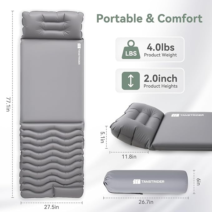 Sleeping Pad for Camping,Self Inflating Sleeping Mat with Pillow and Built-in Foot Pump 4-Season Backpacking Adult Form Pads for Camp/Travel/Tent/Hiking