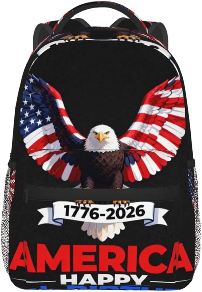 Polyester Daypack for Camping Travel Walking Cycling, Big Capacity Anti-Theft Multipurpose Bookbag, 250 Years 1776-2026 250th Birthday Eagle Liberty Art Camping Outdoor Backpack