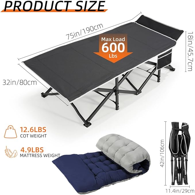 Portable Camping Cot, 32" Extra Wide Camping Cots for Everyone with Thick Cushion, Heavy Duty Sleeping Cot Holds Up to 600LBS, Cots for Sleeping, Rv, Beach, Patio, Office Naps(Blue)