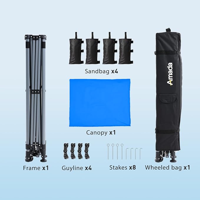 Amada 10x10 Pop Up Canopy - Center Lock One Push Instant Setup Gazebo Outdoor Canopy Beach Tent with STO-N-Go Bag 8 Stakes & 4 Sand Bags, 3-Height Adjustable Shade Shelter (10x10ft, Blue)