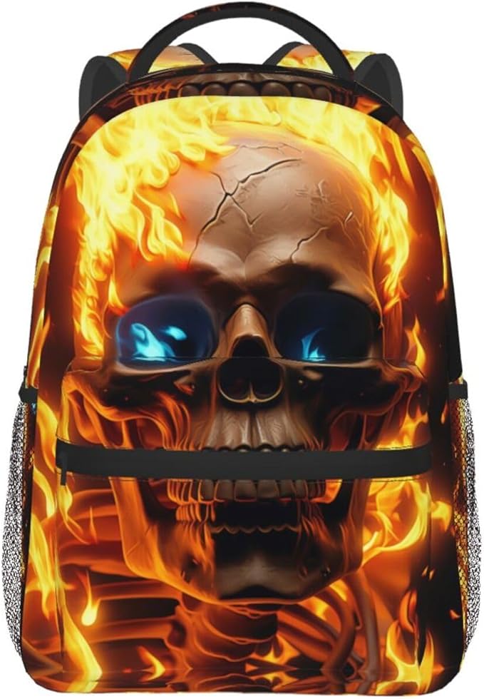 Daypack Backpack Polyester Anti-Theft Multipurpose Skull Flame Fire Art Bookbag Big Capacity Travel Hiking Camping Rucksack With Smooth Zippers