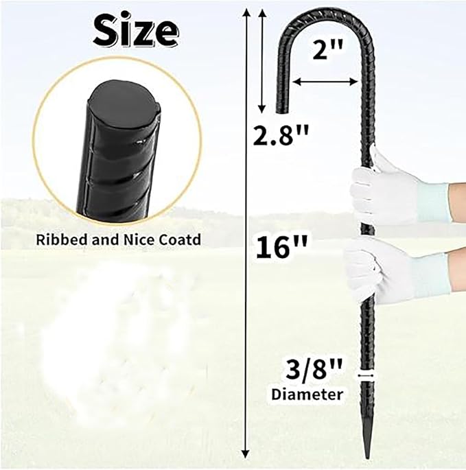 Heavy Duty Ground Stakes, 16 Inch J Hook Stakes, 10 Pack, 5/16 Inch Diameter, Carbon Steel Tent Stakes for Chain Link Fence, Trampoline, Lawn Decorations (J-Shape-Black, J-16 * 3/8"-10PCS)