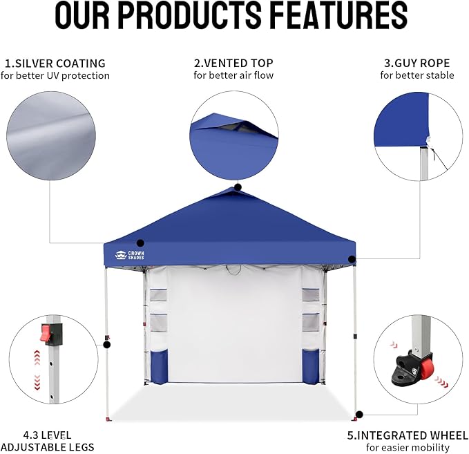 CROWN SHADES Canopy Tent, 10 x 10 Foot Portable Pop Up Outdoor Shelter with Pocket Sidewall, Push Center Lock, UV Protection, and Carry Bag, Navy Blue