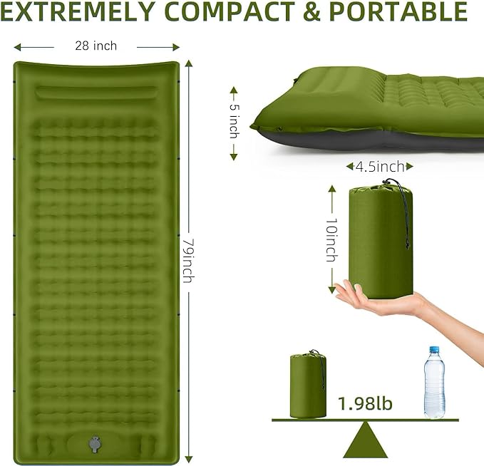 Camping Sleeping Pad, Extra Thick 5 Inch Camping Mat with Pillow Built-in Foot Pump Inflatable Sleeping Pads Compact for Camping Backpacking Hiking Traveling Tent