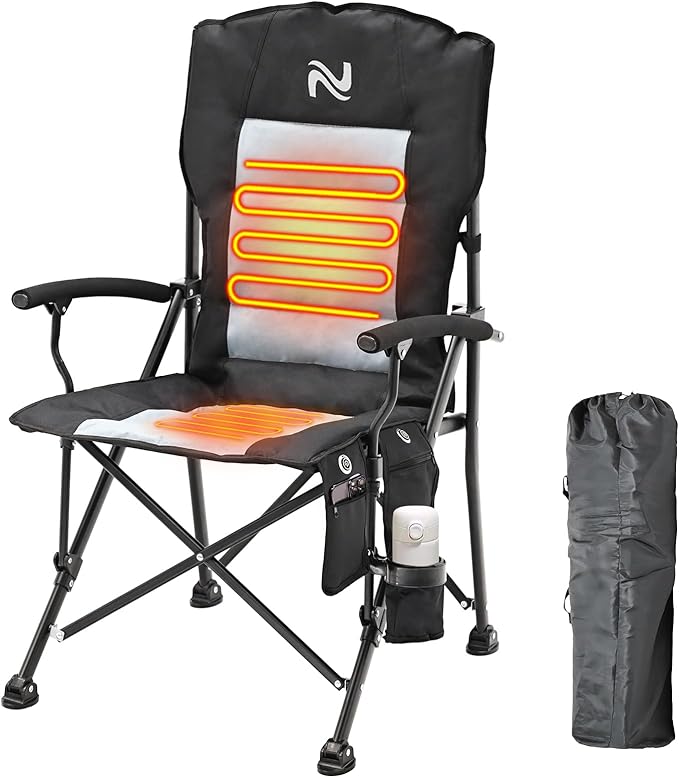 Slsy Heated Camping Chair, Outdoor Portable Heated Folding Chairs, Heated Camp Chair Seat Supports 500 lbs, Heating Chair for Outdoor Sports, Camping, Patio, and Picnics, Leather Black