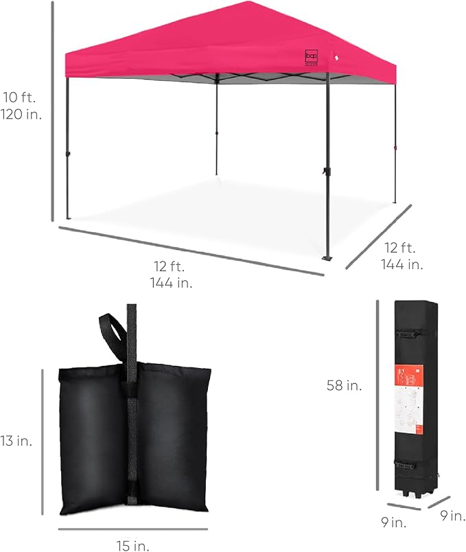 Best Choice Products 12x12ft Pop Up Canopy Tent, Outdoor Shade, 1 Person 1 Minute Set Up, Carry Case, 4 Weight Bags - Hot Pink